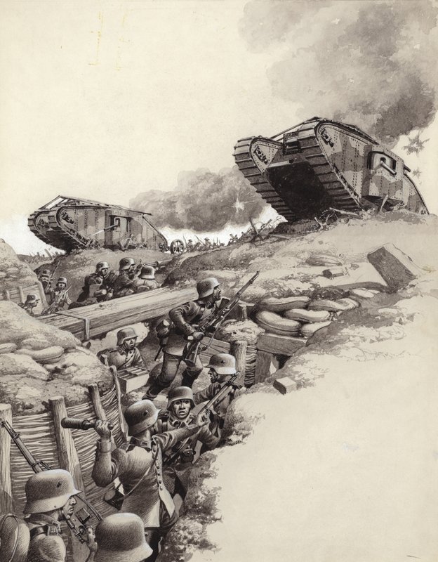 Tanks rollen over Duitse loopgraven tijdens de Grote Oorlog (gouache op papier) door Pat (1907 95) Nicolle