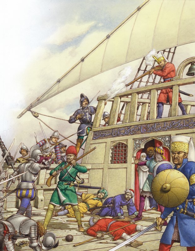 De ridders van Sint Jan namen het mooiste galjoen van Turkije, de Sultana, in beslag (gouache op papier) door Pat (1907 95) Nicolle