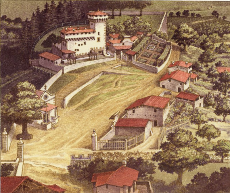 De versterkte villa van de Medici-familie in Trebbio (gouache op papier) door Pat (1907 95) Nicolle