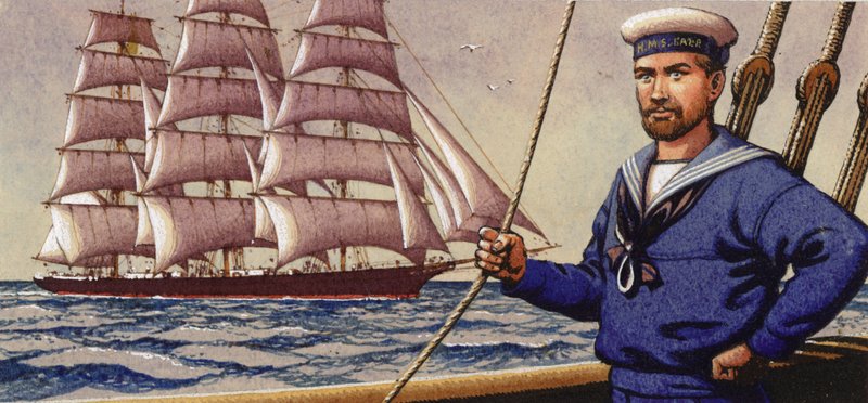 Goed geklede zeeman en vierkantig zeilschip (gouache op papier) door Pat (1907 95) Nicolle