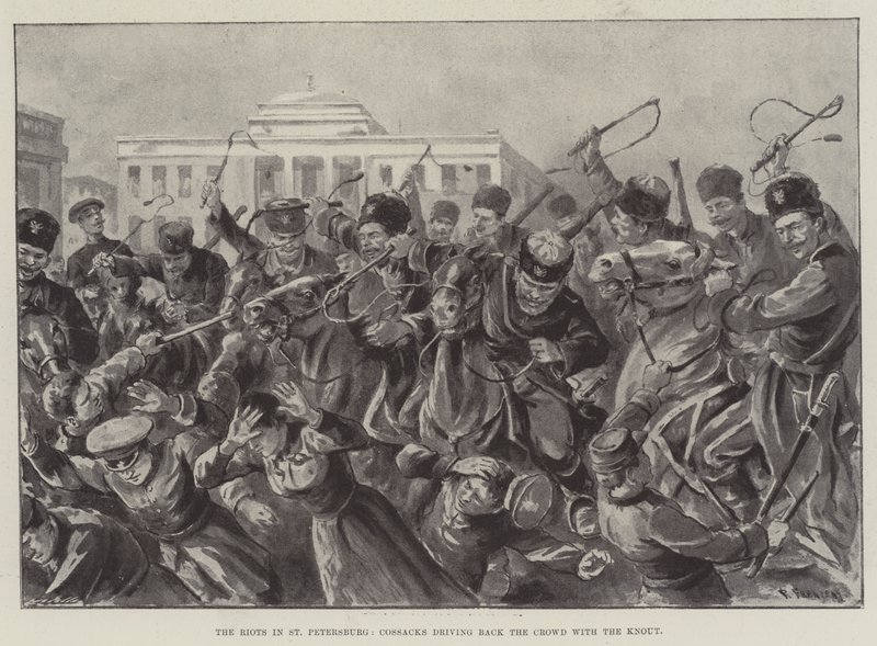 De rellen in Sint-Petersburg, Kozakken drijven de menigte terug met de knoet door Paul Frenzeny
