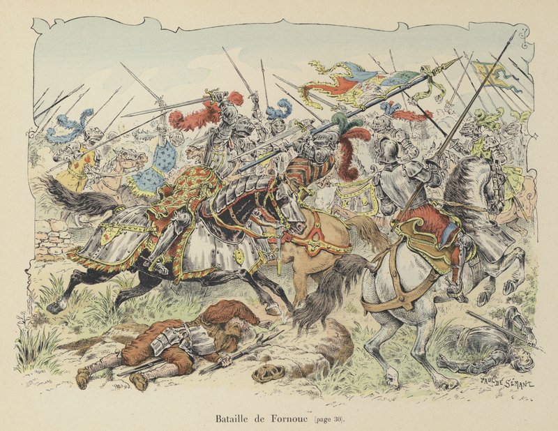 De Chevalier de Bayard vecht tegen de Spanjaarden bij de Slag bij Fornovo, Italië, 1495 door Paul de Semant