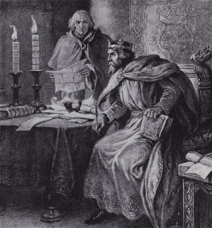 Alfred de Grote, koning van Wessex, en zijn kaarsklokken door Paul (after) Hardy