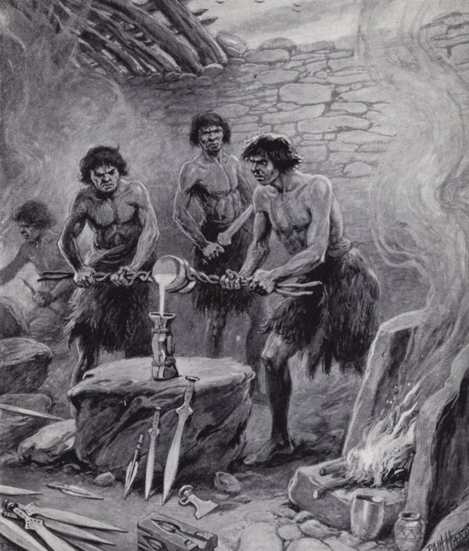 Mannen aan het werk in een gieterij tijdens de Bronstijd (litho) door Paul (after) Hardy