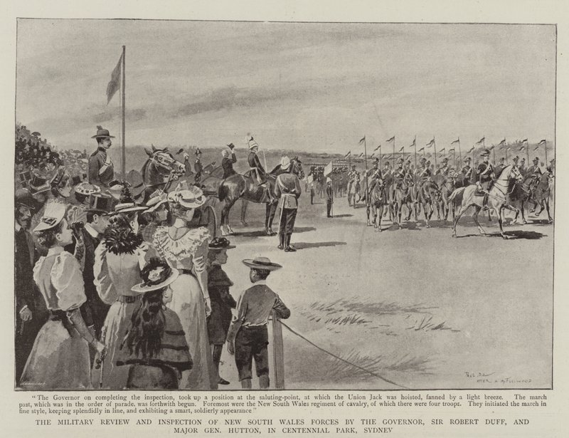 De Militaire Review en Inspectie van de Strijdkrachten van New South Wales door de Gouverneur, Sir Robert Duff, en Generaal-majoor Hutton, in Centennial Park, Sydney door Paul Destez
