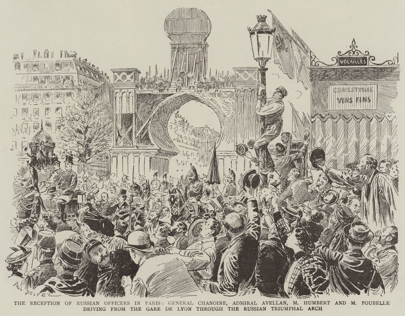 De Ontvangst van Russische Officieren in Parijs, Generaal Chanoine, Admiraal Avellan, M Humbert en M Poubelle rijden van het Gare de Lyon door de Russische Triomfboog door Paul Destez