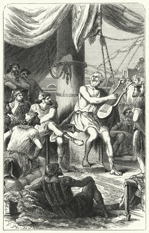 Homerus vermaakt buitenlandse zeelieden met een lied door Paul Dominique Philippoteaux