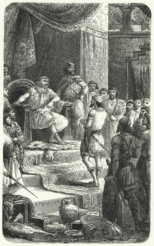 Koning David ontvangt gezanten van koning Hiram van Tyrus (gravure) door Paul Dominique Philippoteaux