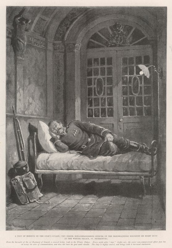 Een erepost bij de wacht van de tsaar, de senior onderofficier van het Preobrajenski-regiment tijdens nachtdienst in het Winterpaleis, Sint-Petersburg door Paul Frenzeny