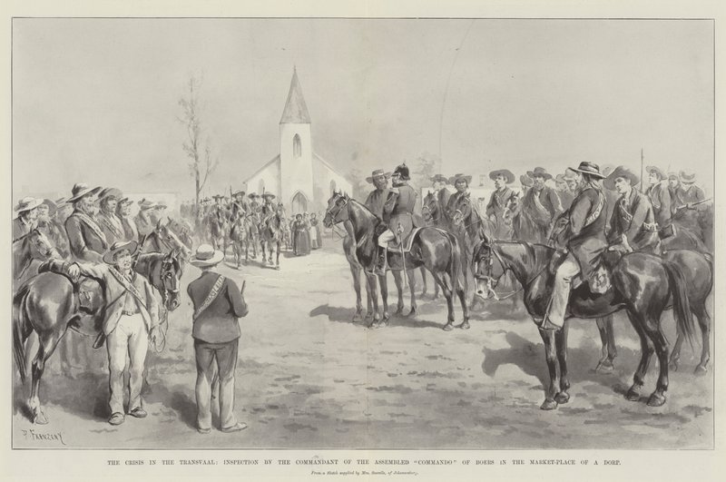 De Crisis in de Transvaal, Inspectie door de Commandant van het Verzamelde Commando van Boeren op het Marktplein van een Dorp door Paul Frenzeny