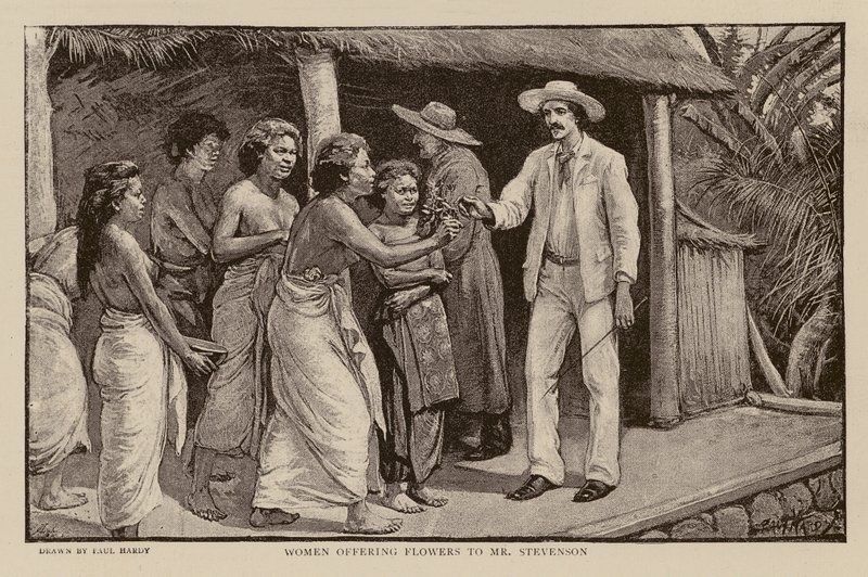 Vrouwen die bloemen aanbieden aan Robert Louis Stevenson door Paul Hardy