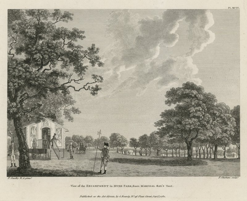 Uitzicht op het kampement in Hyde Park vanuit de tent van Maarschalk Sax door Paul Sandby