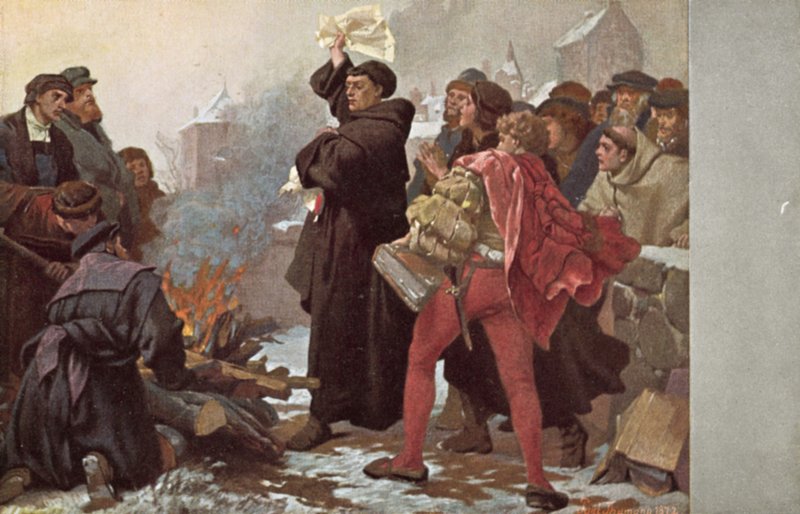 Maarten Luther verbrandt de pauselijke bul die hem met excommunicatie bedreigt voor de Elstertor in Wittenberg, Duitsland, 10 december 1520 door Friedrich Paul Thumann