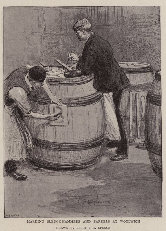 Markeren van voorhamers en vaten in Woolwich door Percy F.S. Spence