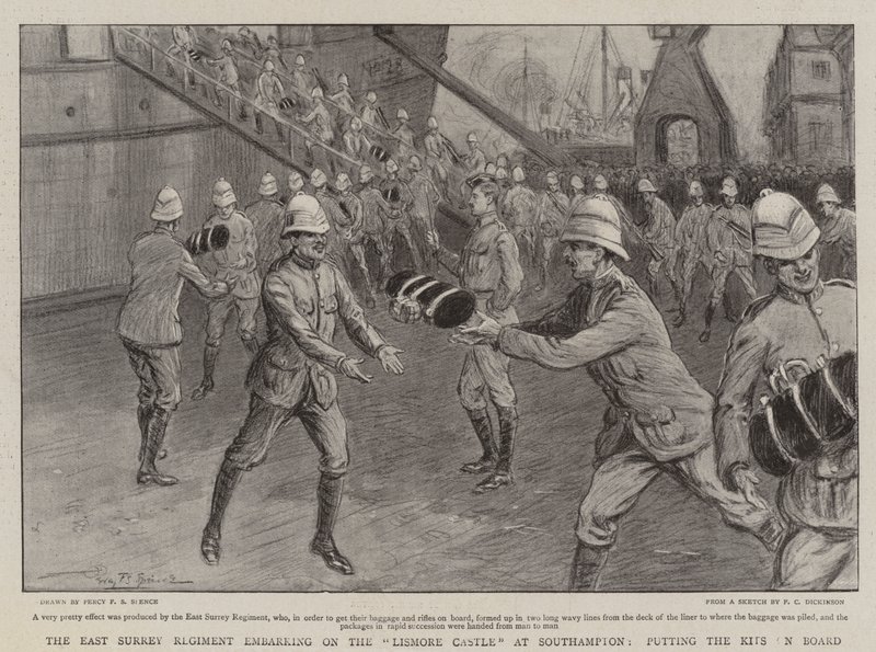 Het East Surrey Regiment aan boord van de Lismore Castle in Southampton, het inladen van de uitrusting door Percy F.S. Spence
