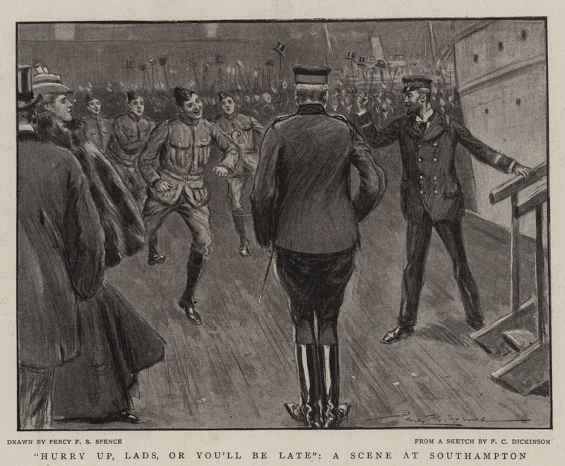 Schiet op, jongens, anders komen jullie te laat, een scène in Southampton door Percy F.S. Spence