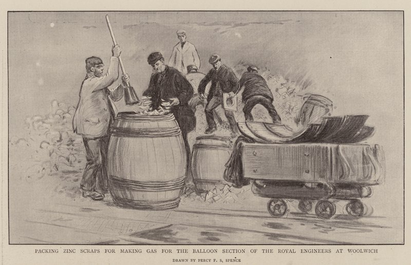 Zinkschroot inpakken voor het maken van gas voor de Ballonsectie van de Royal Engineers in Woolwich door Percy F.S. Spence