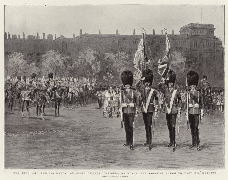 De koning en het 3e bataljon Scots Guards, officieren met de nieuwe kleuren marcheren langs Zijne Majesteit door Percy F.S. Spence