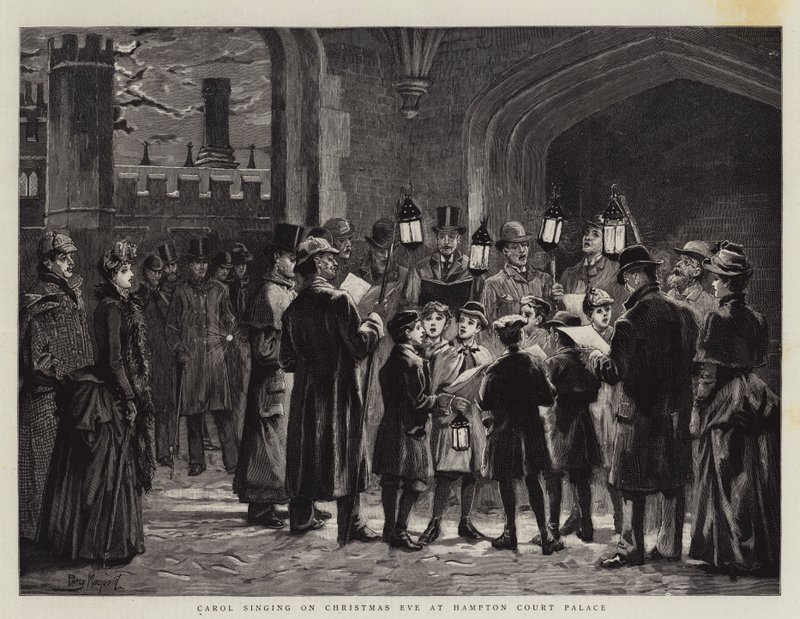 Kerstliederen zingen op kerstavond in Hampton Court Palace door Percy Macquoid