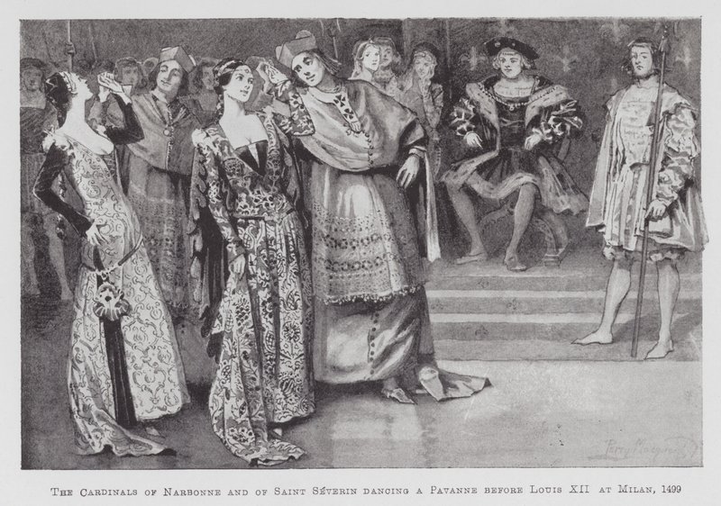 Dansen: De kardinalen van Narbonne en Saint Severin dansen een Pavanne voor Lodewijk XII in Milaan door Percy Macquoid