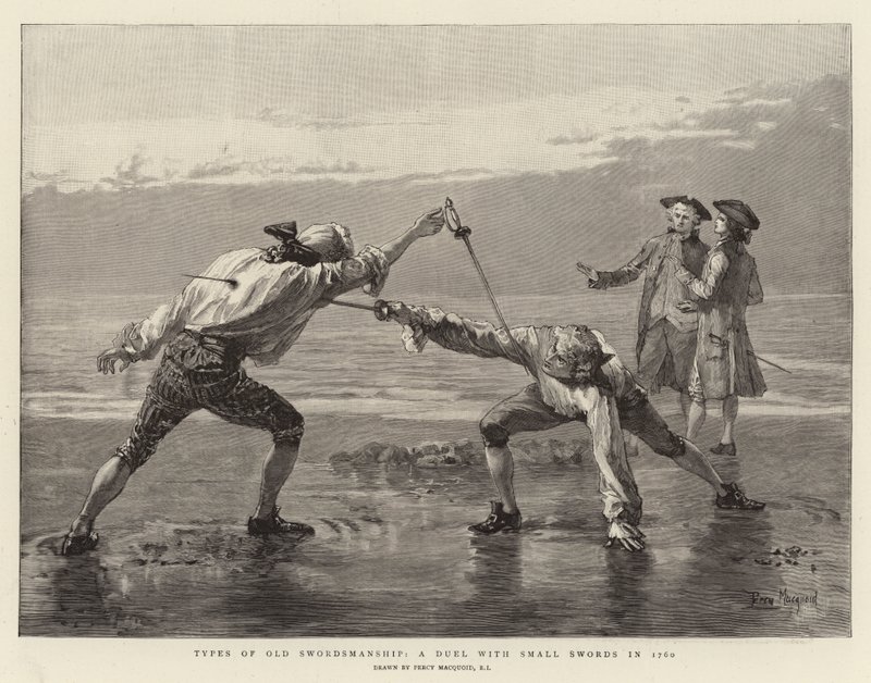 Typen van Oude Zwaardvechtkunst, een duel met Kleine Zwaarden in 1760 door Percy Macquoid