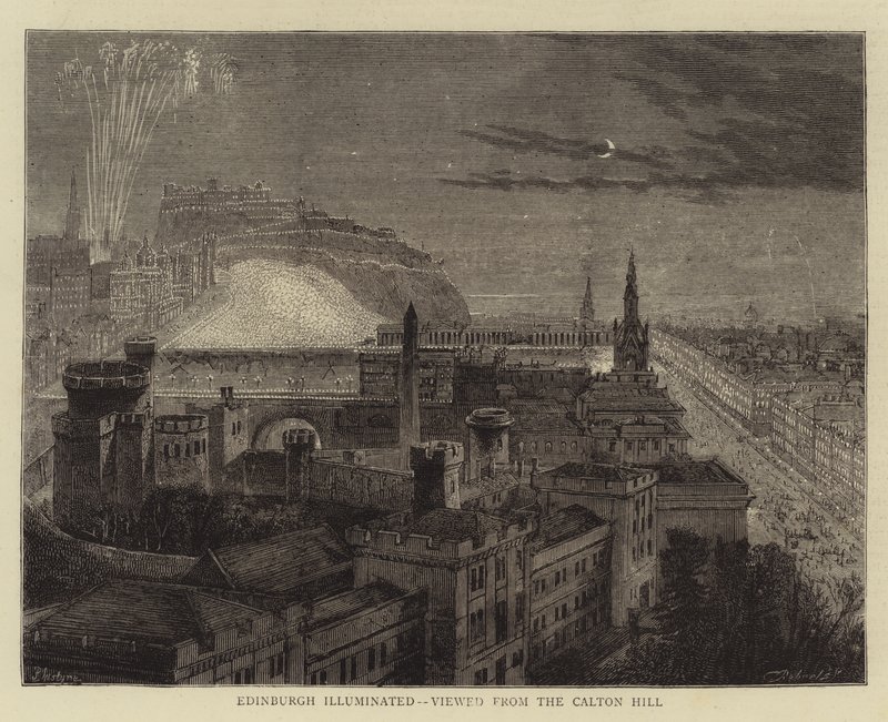Verlicht Edinburgh, gezien vanaf Calton Hill door Percy William Justyne