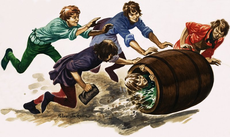 Een pas gekwalificeerde leerling wordt in bier gedompeld en in een vat gerold door Peter Jackson