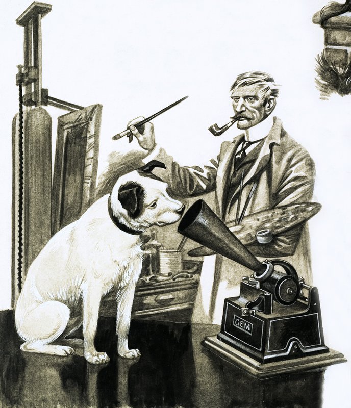 Kunstenaar schildert de hond die naar een grammofoon luistert door Peter Jackson