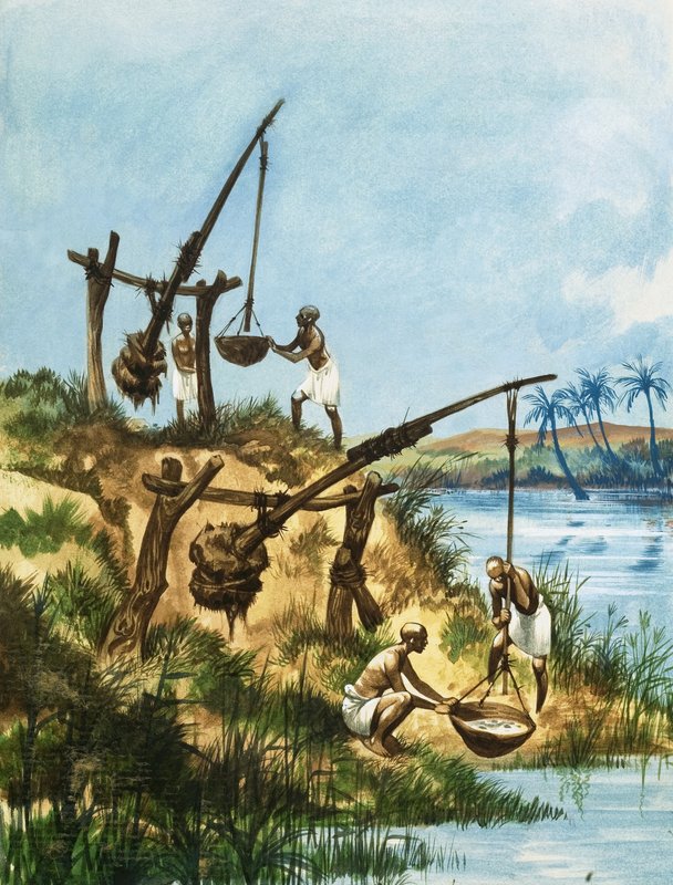 Vroege Egyptenaren gebruiken een systeem van gewichten en stokken genaamd shadoofs om water uit de Nijl te halen door Peter Jackson