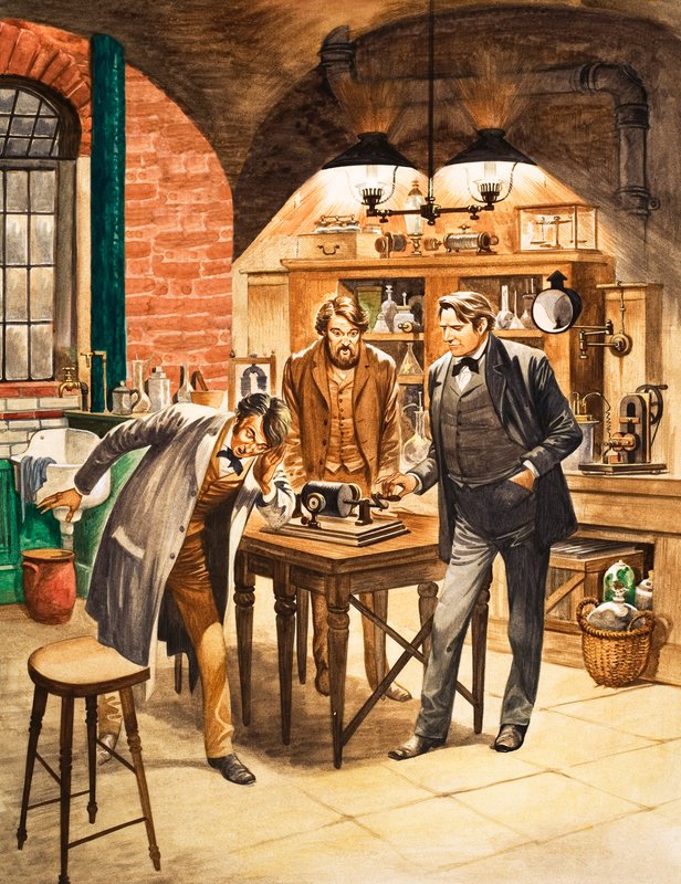 Edison demonstreert de eerste fonograaf in zijn laboratorium door Peter Jackson