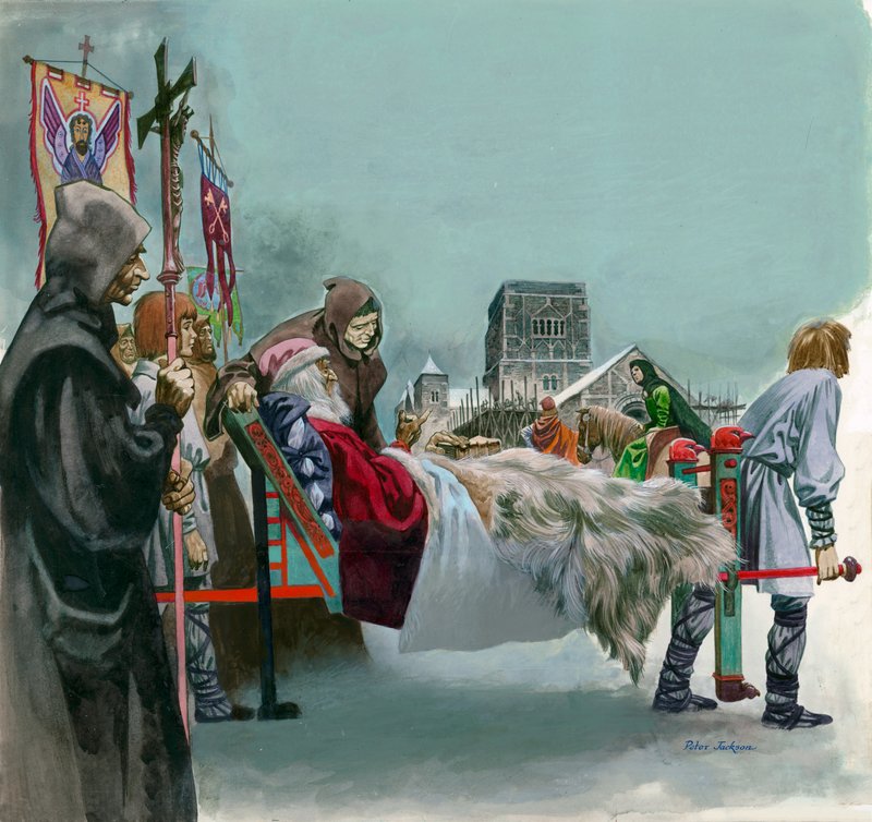 Koning Edward, later Sint Edward de Belijder, kijkt naar de bouw van Westminster vanuit een draagstoel waar hij ziek ligt door Peter Jackson