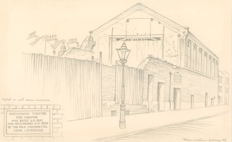 Marylebone Theatre, Londen, achterkant van het theater in Mulready Street (oorspronkelijk Little Church Street) door Peter Jackson