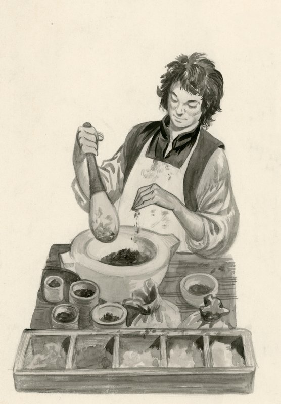 Michelangelo, als leerling, mengt verf door Peter Jackson