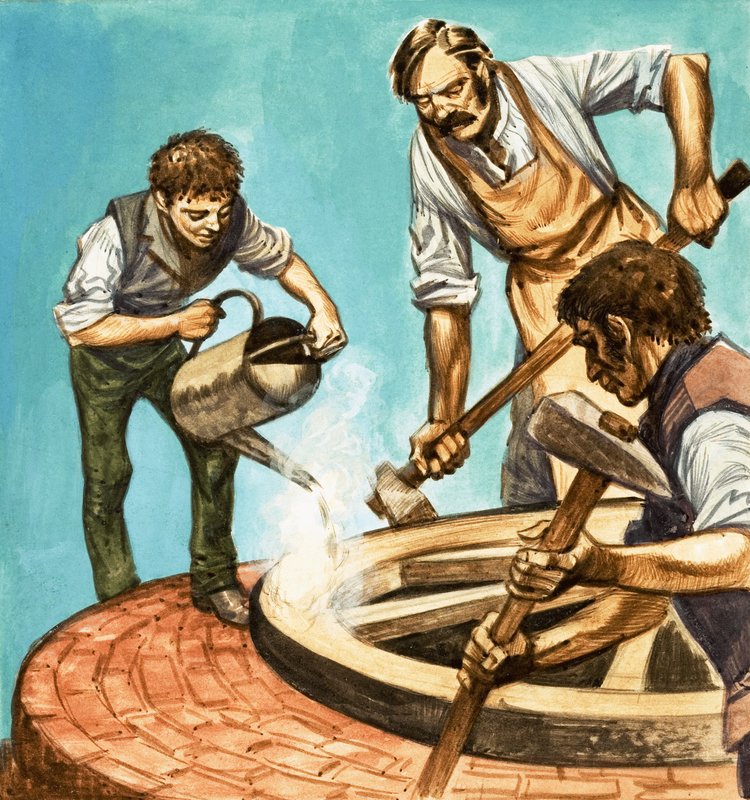 Er was eens... dorpsleven honderd jaar geleden. Wagenmakers zetten de ijzeren rand op een wiel door Peter Jackson