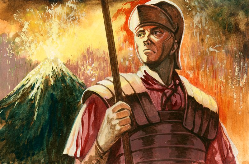 Romeinse soldaat met uitbarstende Vesuvius op de achtergrond door Peter Jackson
