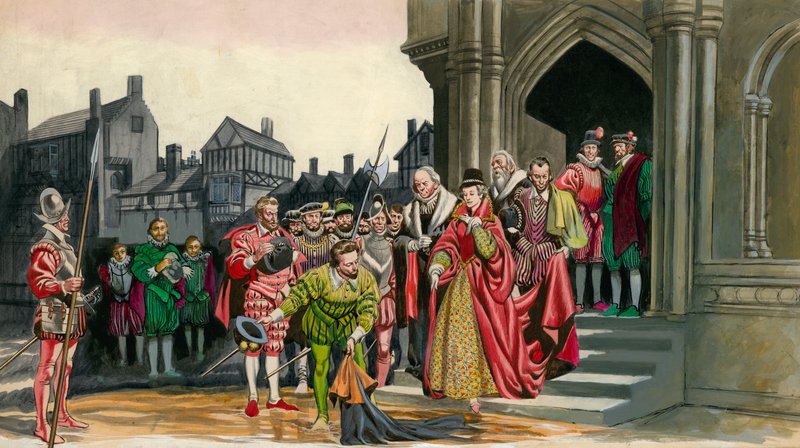 Sir Walter Raleigh legt zijn mantel neer voor Koningin Elizabeth I door Peter Jackson