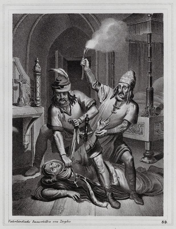Moord op Ludmila van Bohemen, 921 (gravure) door Peter Johann Nepomuk Geiger