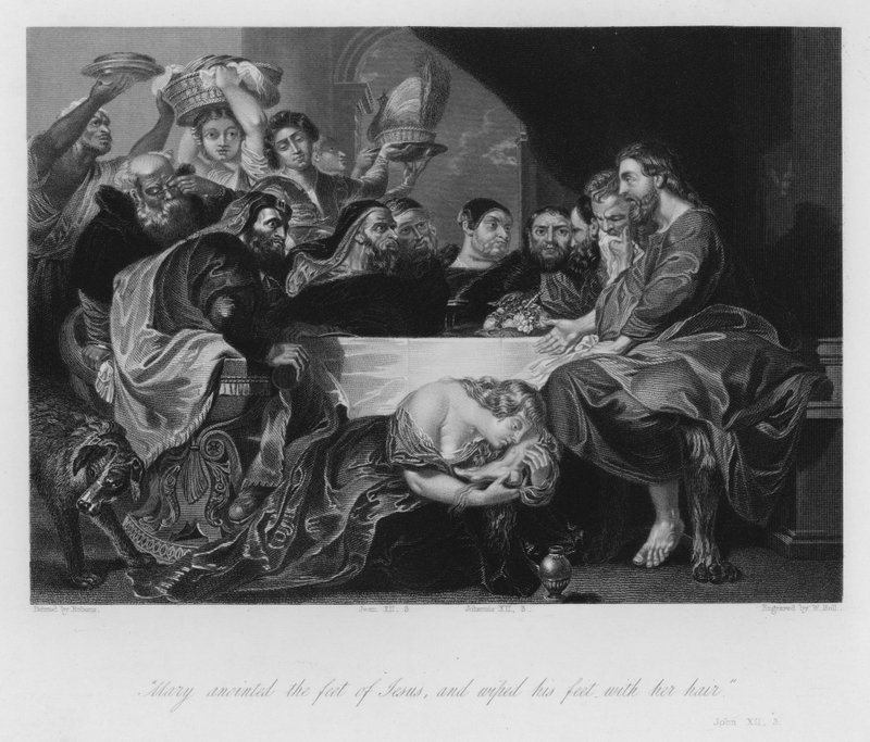 Maria Magdalena zalft de Voeten van Onze Verlosser, Johannes XII, 3 door Peter Paul (after) Rubens