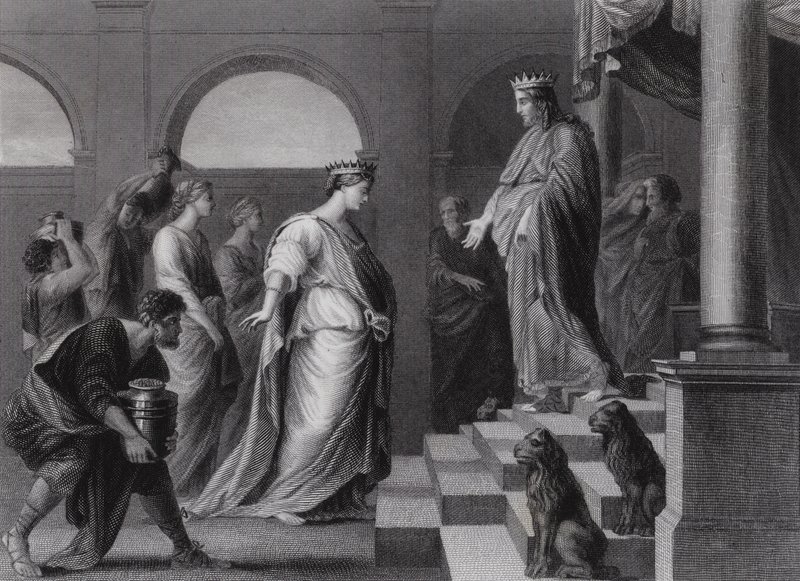 Salomo en de Koningin van Sheba (gravure) door Peter Paul (after) Rubens