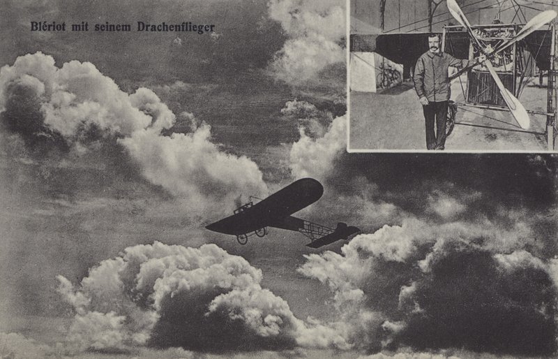 Franse vliegenier Louis Bleriot en zijn eenvleugelvliegtuig door Photographer German
