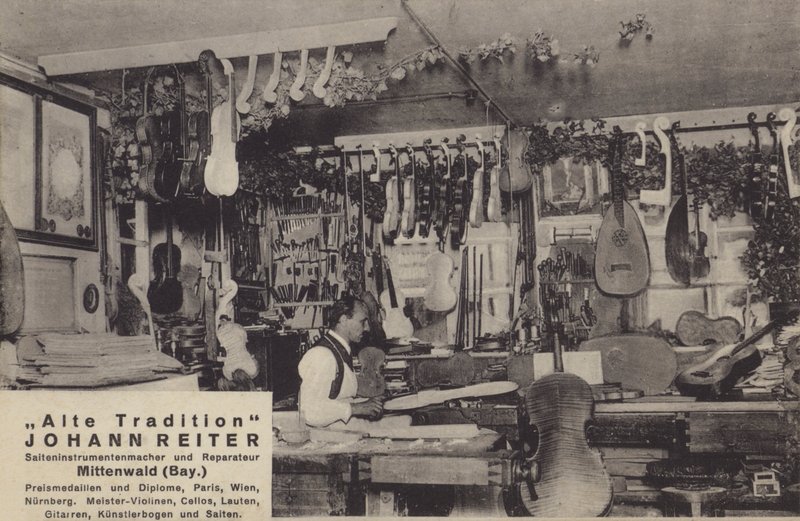 Johann Reiter, Maker en reparateur van snaarinstrumenten, Mittenwald, Beieren door Photographer German