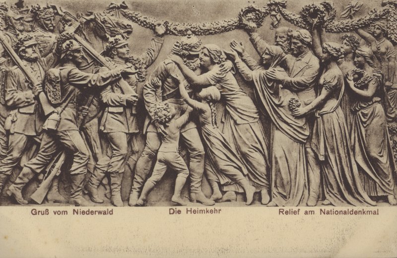 De thuiskomst, reliëf op het Nationaldenkmal, monument ter herdenking van de eenwording van Duitsland, Rudesheim am Rhein, Hessen door Photographer German