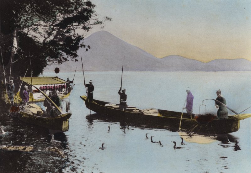 Japan, ca. 1912: Vissen met een aalscholver, Nagaragawa door Photographer Japanese