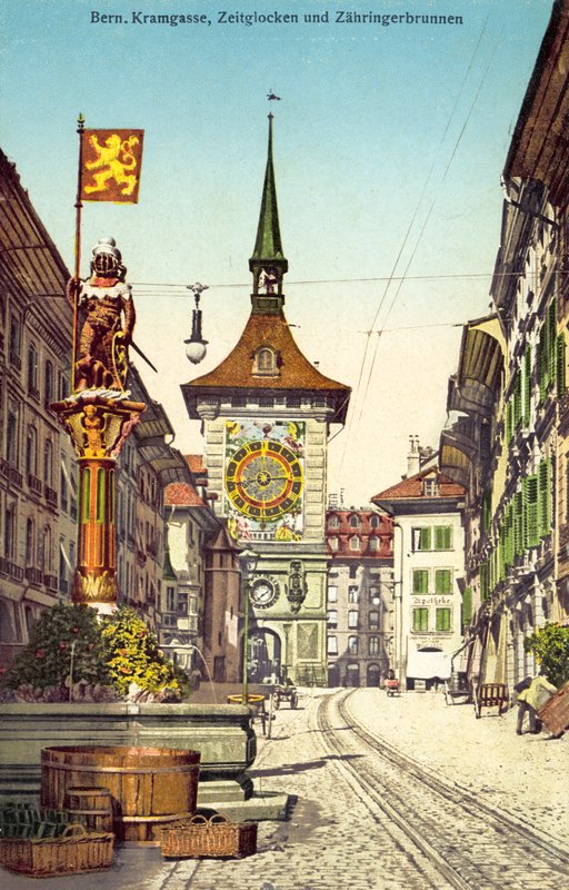De Zytglogge klokkentoren en de Zahringerbrunnen fontein, Kramgasse, Bern Zwitserland (kleurenfoto) door Photographer Swiss