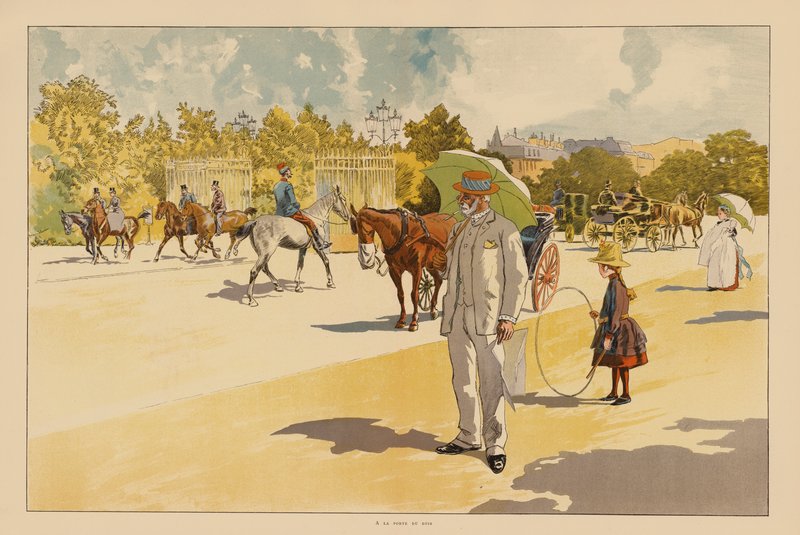 Bij de poort van het Bois de Boulogne, Parijs door Pierre Georges Jeanniot