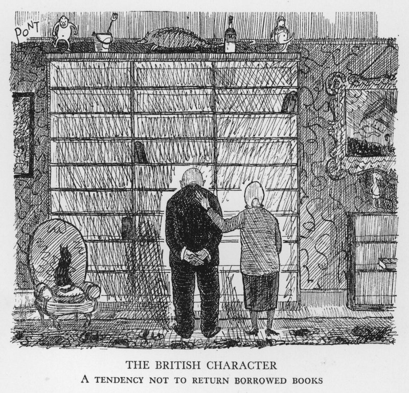 Het Britse karakter, Neiging om geleende boeken niet terug te geven (litho) door Pont