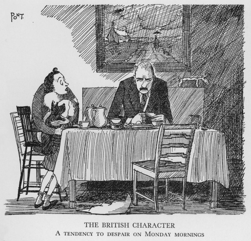 Het Britse karakter, Neiging tot wanhoop op maandagochtend (litho) door Pont