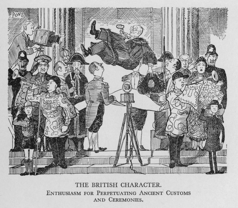 Het Britse karakter; enthousiasme voor het voortzetten van oude gebruiken en ceremonies door Pont