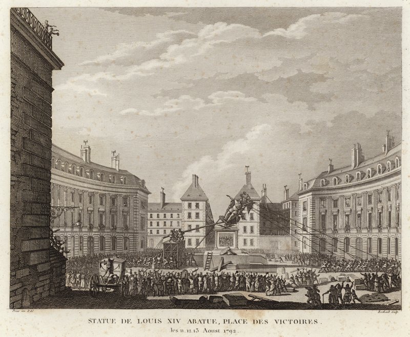 Standbeeld van Lodewijk XIV verwijderd op de Place des Victoires door Prieur