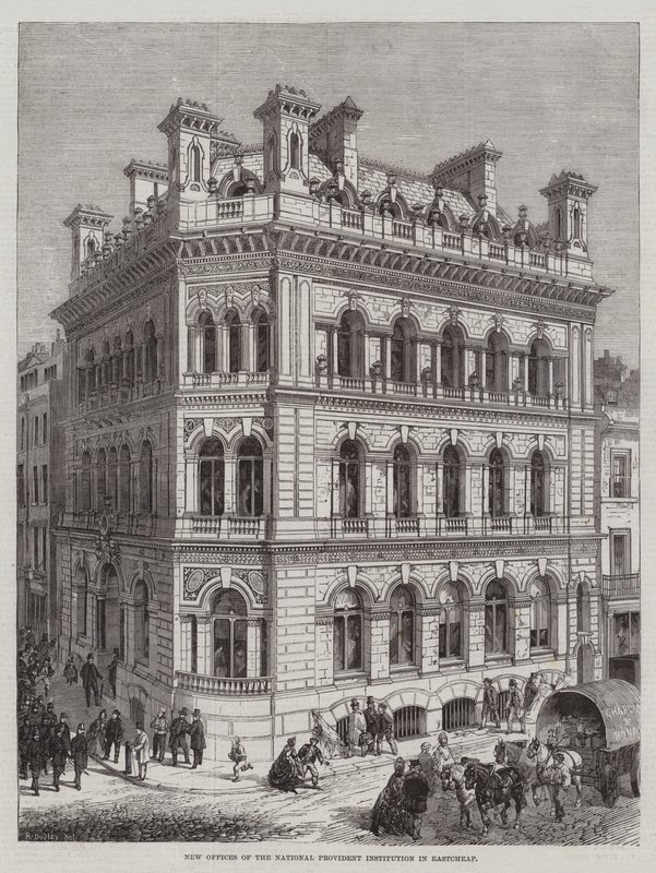 Nieuwe Kantoren van de National Provident Institution in Eastcheap door R. Dudley